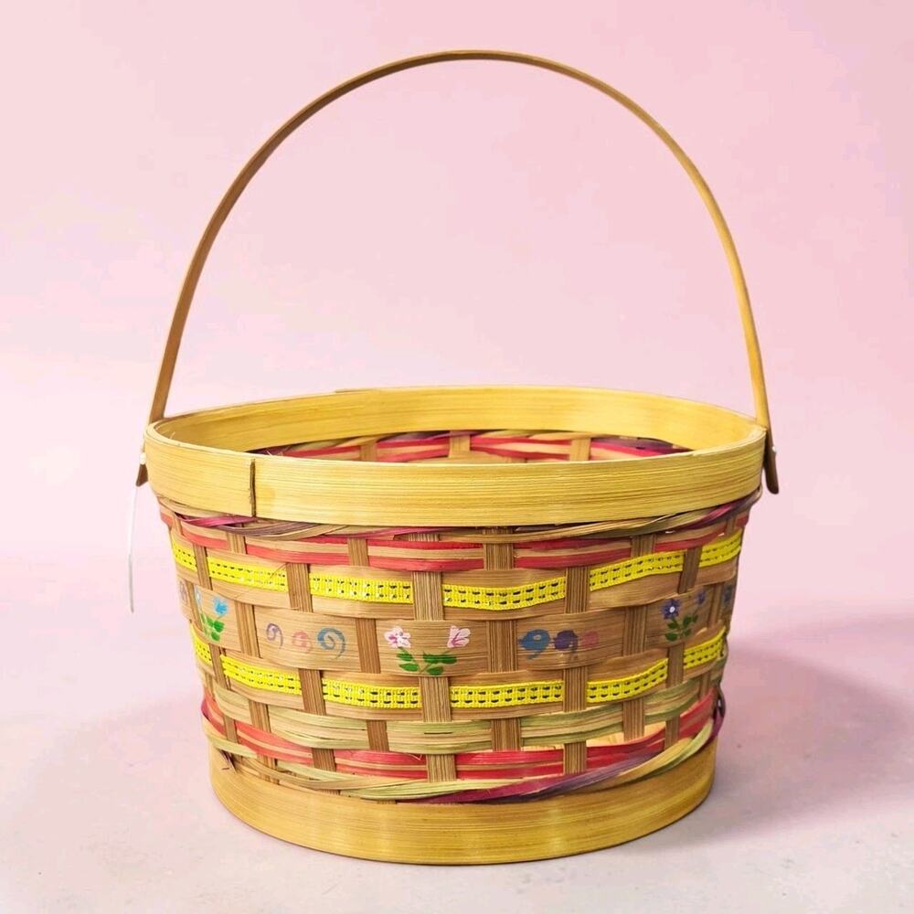Vintage Woven Bamboo Easter Basket Hand Painted Floral 9.5" Round Spring Decor